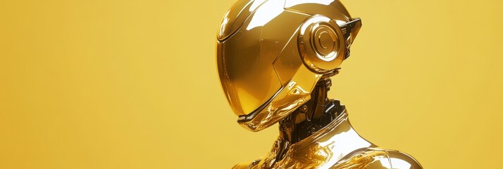 Poster - Golden Robot in Futuristic Helmet on Yellow Background - A golden robot wearing a futuristic helmet stands against a yellow background, symbolizing technology, innovation, artificial intelligence, the