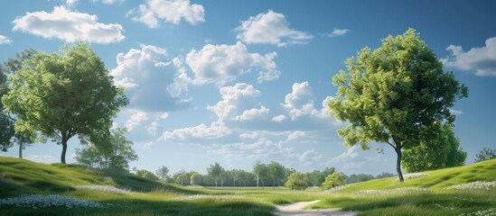 Poster - Capturing a scenic park with fluffy cumulus clouds against a clear sky in a photograph with copy space image