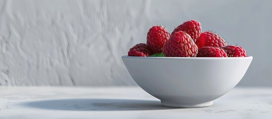 Poster - A bowl with a fresh ripe raspberry displayed on a white background ideal for a copy space image