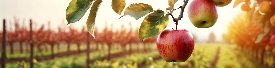 Wall Mural - A close-up of ripe red apples, glistening with water droplets, hang from a branch adorned with green leaves.