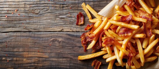 Poster - Flat lay of tasty French fries with bacon on a wooden surface offering room for text in a copy space image