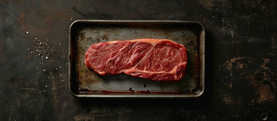 Sticker - A high quality Wagyu Striploin beef steak on a metal tray against a dark backdrop viewed from the top with empty space for writing or images. Copy space image. Place for adding text and design