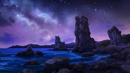 Wall Mural - a beautiful night sky with a large body of water and a rocky shoreline