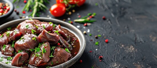 Raw chicken liver with spices showcased in a bowl as a copy space image