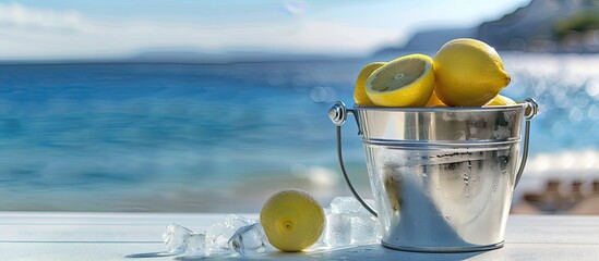 A silver bucket holds lemons and ice cubes on a white table with a backdrop of a blurred seascape providing ideal copy space for showcasing drinks food or products