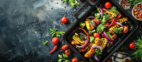 Sticker - Colorful and healthy meal of assorted grilled vegetables on a frying pan flat lay with copy space image displaying a vibrant array of food