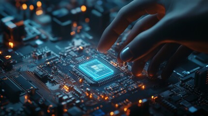 Poster - Human Hand Interacting With a Futuristic Motherboard - A hand hovers over a glowing blue microprocessor on a complex motherboard, symbolizing innovation, technology, artificial intelligence,  futurist