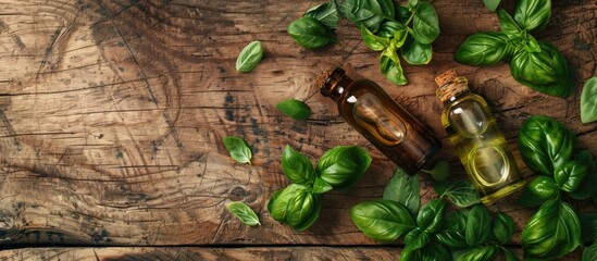 Sticker - Aroma oil from basil essential oil and fresh leaves on a textured wooden backdrop ideal for aromatherapy and alternative medicine Area for text with a copy space image