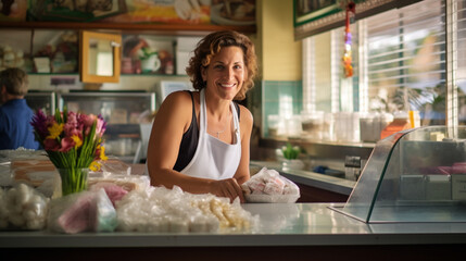 A woman standing on the counter in a store for sweets and candies