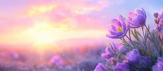 Wall Mural - Spring depicted with vibrant purple pasque flower against a sunset sky in a meadow, providing a colorful and natural background for copy space image.