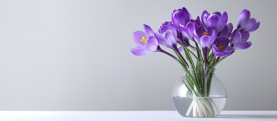 A vase filled with a beautiful arrangement of purple crocus flowers set against a white background perfect for a copy space image