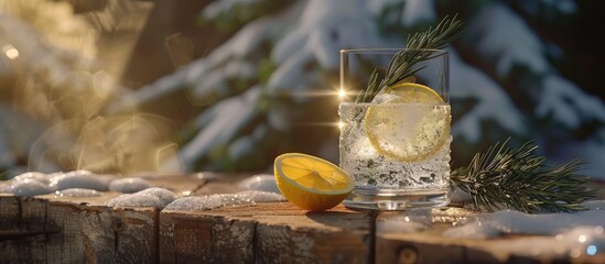 Poster - Refreshing gin and tonic cocktail with ice lemon and rosemary in a frozen glass displayed on an old wooden plank with juniper branches Copy space image