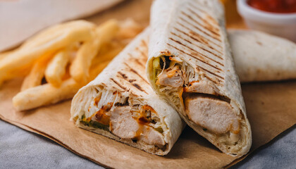 Delicious chicken shawarma. Tasty fast food. Cooking and culinary concept.