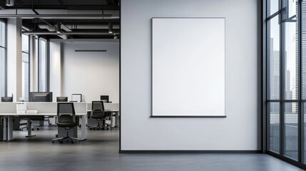 Poster - Modern Office Space with Blank Poster for Presentation or Advertisement - This image depicts a modern office setting with a large blank poster on the wall, suggesting a space for displaying presentati