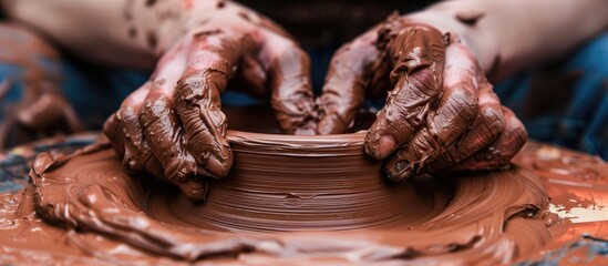 Showcase the creative process in a pottery studio with a close up image of hands molding clay on a worktable providing ample copy space