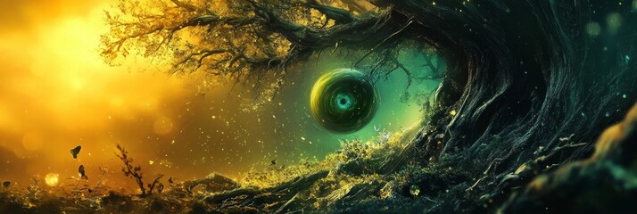 Poster - Mystical Tree with Glowing Orb in a Fantasy Forest - A surreal and enchanting scene featuring a mystical tree with glowing orbs in a fantasy forest, symbolizing nature, magic, mystery, dreams, and won