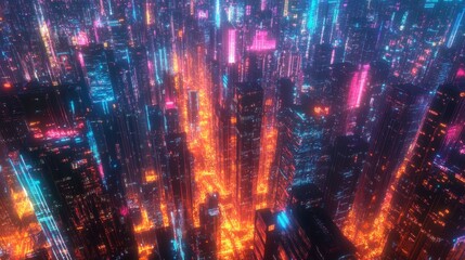 Poster - Neon Cityscape at Night - Futuristic Urban Landscape - A futuristic cityscape at night, illuminated by neon lights, symbolizing technology, urban development, progress, energy, and the future.
