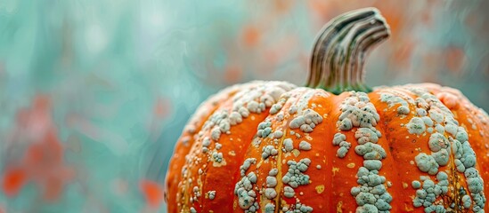 Poster - Close up macro image of a pumpkin showcasing its textured orange surface with hints of green white and red ideal as a background for autumn Halloween. Copy space image