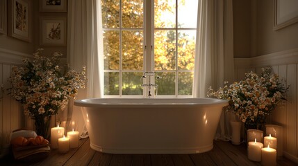 Wall Mural - A bathroom with a large white bathtub and a window with a view of trees. The room is decorated with flowers and candles, creating a warm and inviting atmosphere