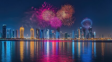 Festive Fireworks in Doha: A spectacular fireworks display over Doha, Qatar, in celebration of Qatar National Day on September 23, 2018, with the city aglow in festive colors.