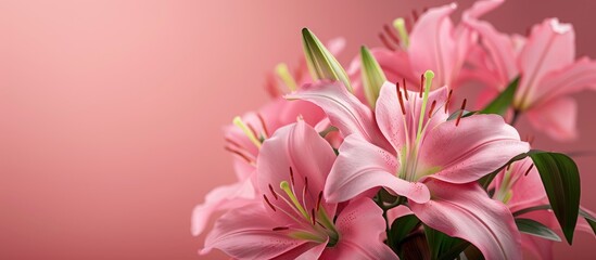 Sticker - A stunning pink lily arrangement against a vibrant pink backdrop emanating elegance and beauty Ideal as a template with ample copy space for customization