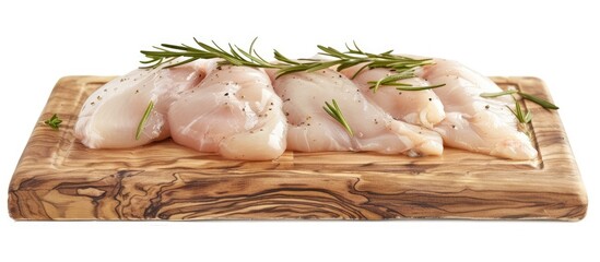 Wall Mural - Raw chicken breast on wooden board with herbs poultry meat isolated on white perfect copy space image