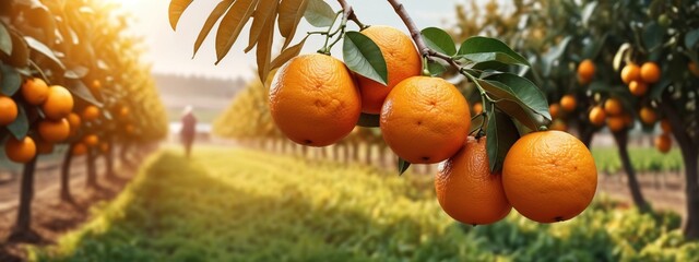 Wall Mural - Tangerine sunny garden with green leaves and ripe fruits. Mandarin orchard with ripening citrus fruits. Natural outdoor food background