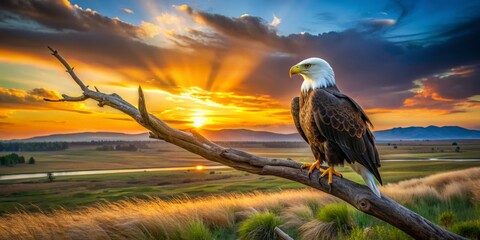 majestic bald eagle perched on rustic branch overlooking vast open range at dawn, symbolizing independence, wild beauty, and serenity