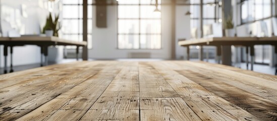 Poster - The wooden table is clear with a spacious office or factory hallway out of focus in the backdrop offering ample room for displaying products in a copy space image