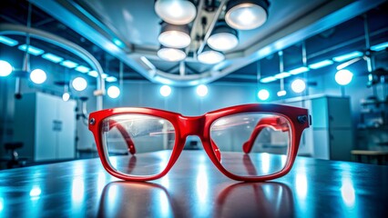 Medical safety glasses with bold red frames, high-contrast lighting, and subtle shadows, creating a dramatic and intense atmosphere in a medical operating room.