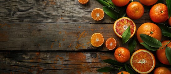 Sticker - Copy space image of various citrus fruits like oranges tangerines and mandarins displayed on a rustic wooden background