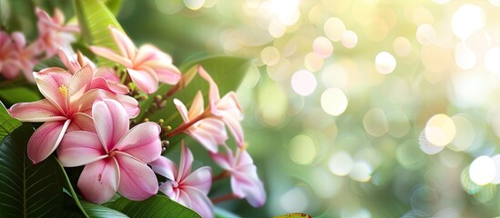 Canvas Print - A close up image of blooming pink plumeria flowers with a green leaves background is available as a copy space image