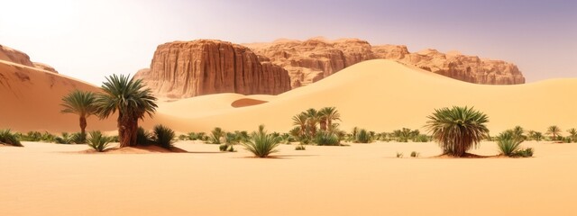 Fototapete - View of an oasis in the Sahara desert at sunset, Djanet, Algeria, Africa.