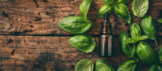 Wall Mural - Basil essential oil displayed on a textured wooden backdrop with fresh leaves for aromatherapy in alternative medicine settings featuring space for text in a copy space image