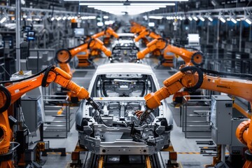 EV car manufacturing with orange robotic arms on assembly line in modern factory