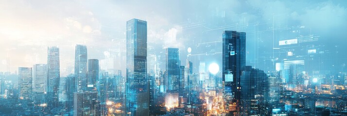 Poster - Smart City Skyline with Digital Overlays - A futuristic city skyline with digital overlays, symbolizing technology, innovation, connectivity, progress, and urban development.