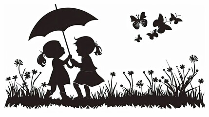 Canvas Print - Silhouette of children holding an umbrella together