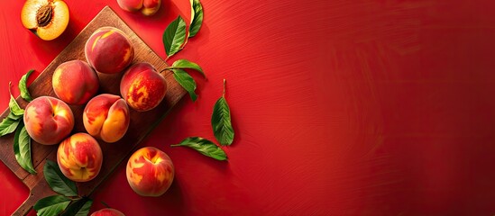 Wall Mural - Food photography of fresh delicious peaches arranged in a flat lay style on a wooden kitchen board against a red backdrop providing copy space image