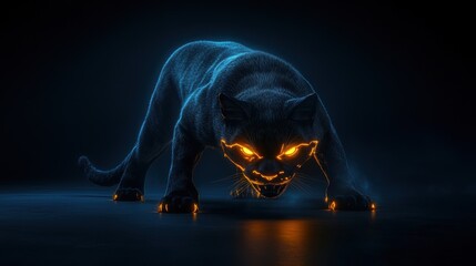 3D graphic of a black cat with glowing eyes, airy and tidy, dark blue background, distinct colors, divided layers 