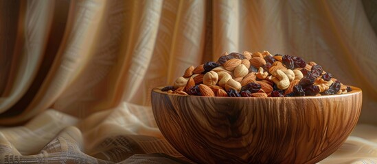 Canvas Print - A wooden bowl filled with assorted nuts raisins set on a brown backdrop A beige curtain gently sways in the background Copy space image