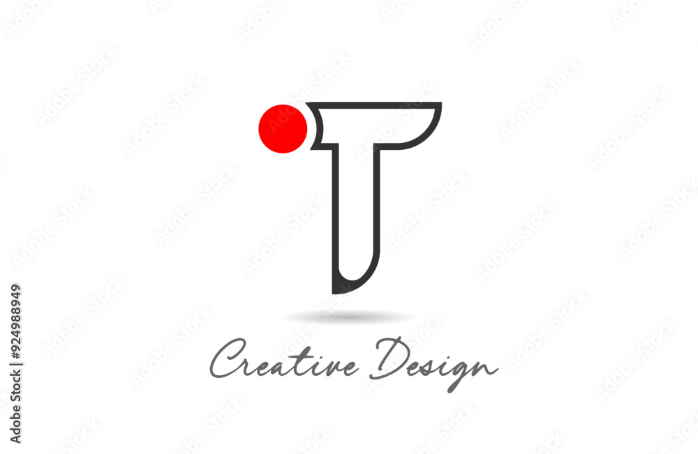 T letter alphabet logo icon design with black line color and red dot ...