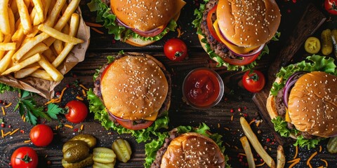 Canvas Print - Top view of homemade burgers with pickles and fries