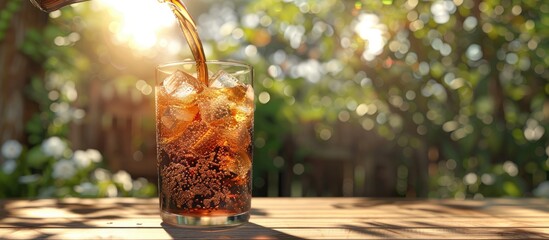 Poster - Cola being poured into a glass with ice placed on a wooden table outside with a blank background for a copy space image