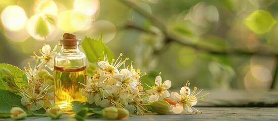 Canvas Print - Close up shot of Linden blossom flowers and essential oil used in a hair treatment concept with a copy space image