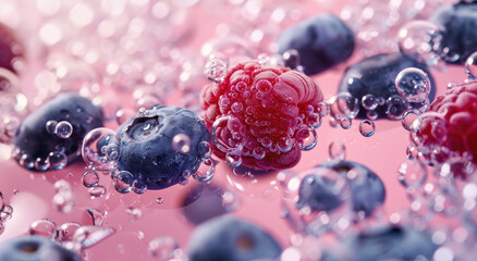 Wall Mural - Close-up of fresh blueberries and raspberries in water, surrounded by bubbles, with a pink background