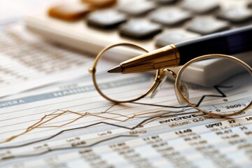 Poster - Businessman analyzing financial market data on a printed document with a calculator, a pen and eyeglasses