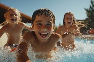 Children gleefully play and splash in the pool on a sunny summer day, radiating pure joy and the essence of carefree childhood fun amidst the refreshing water.