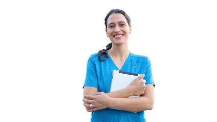 Portrait of a young female doctor standing in front of her medical clinic