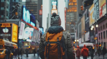 A motivated traveler walks with purpose through the busy city streets, their optimistic demeanor exuding energy and ambition as they embrace the opportunities of urban exploration, with the dynamic