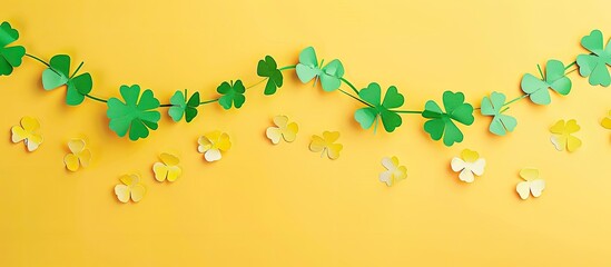 St Patrick s Day themed paper garland featuring Irish flags and clovers on a vibrant yellow backdrop perfect as a copy space image